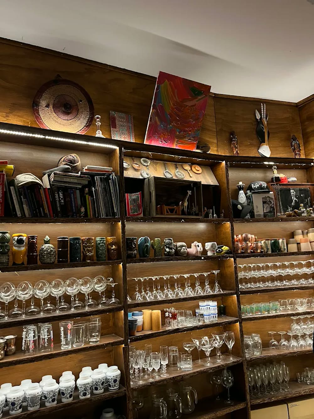 Estanterías con cristalería, libros y colección de la escuela